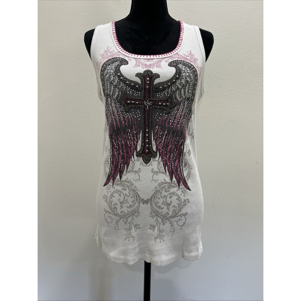 VOCAL Size 2XL western tank top ribbed white pink CROSS RHINESTONES wings